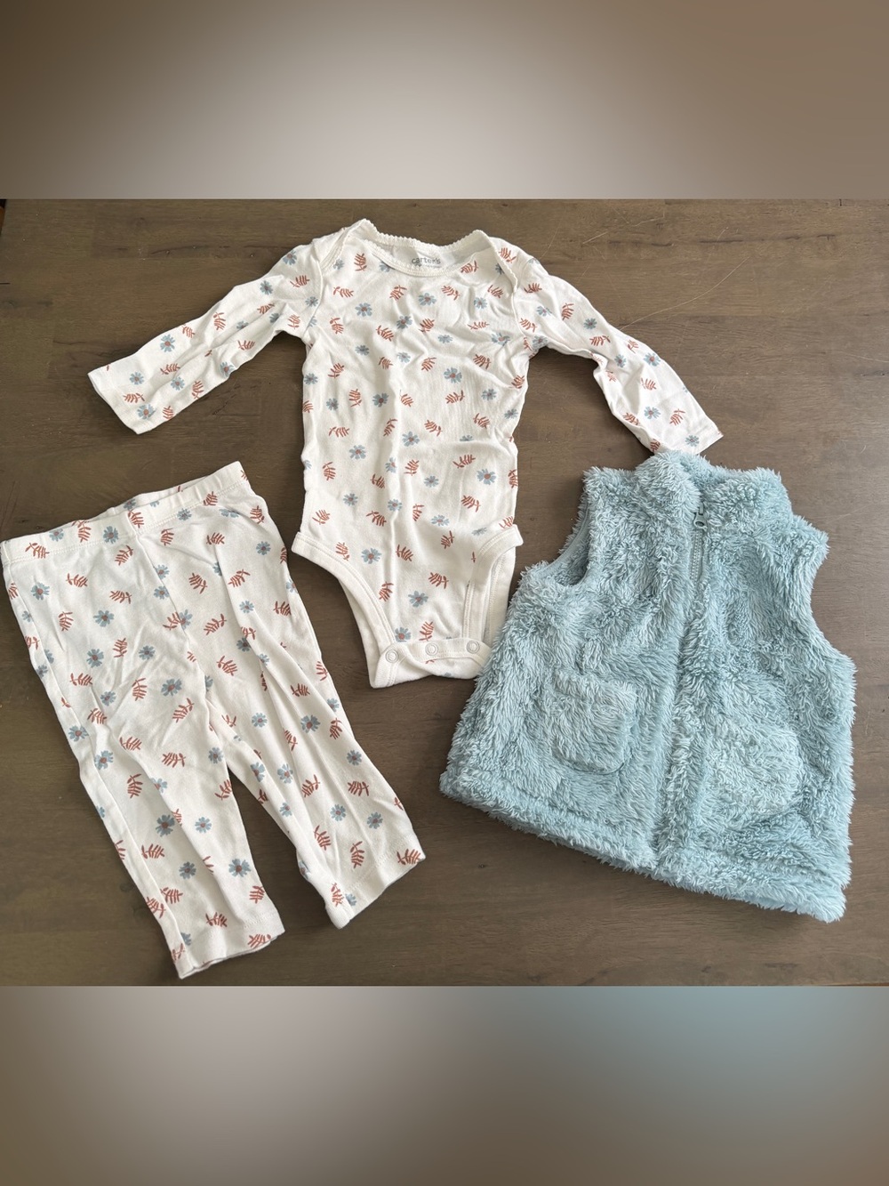 3pc Carters White Floral Baby Set with Light Blue Fleece Vest